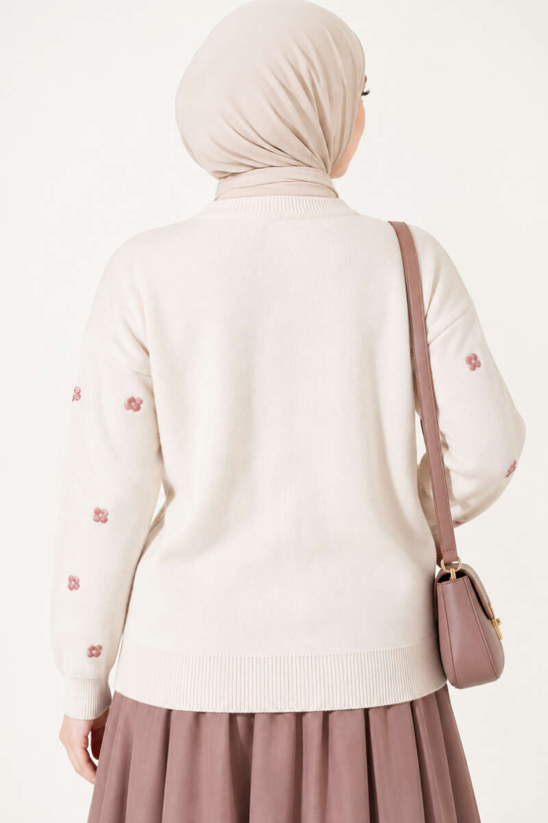 Embroidered Floral Pattern Knit Cardigan Beige - Image 4