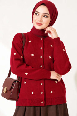 Alternative view of Embroidered Floral Pattern Knit Cardigan Burgundy