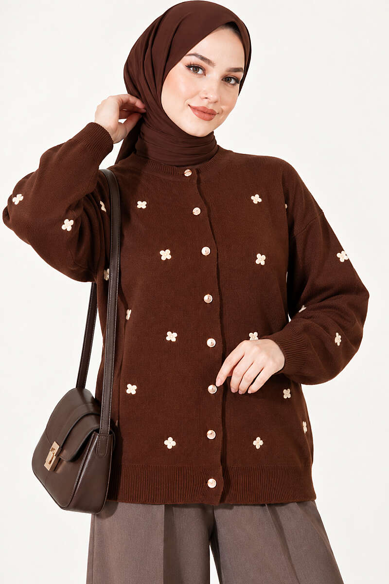 Embroidered Floral Pattern Knit Cardigan Brown
