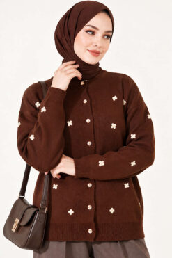 Alternative view of Embroidered Floral Pattern Knit Cardigan Brown