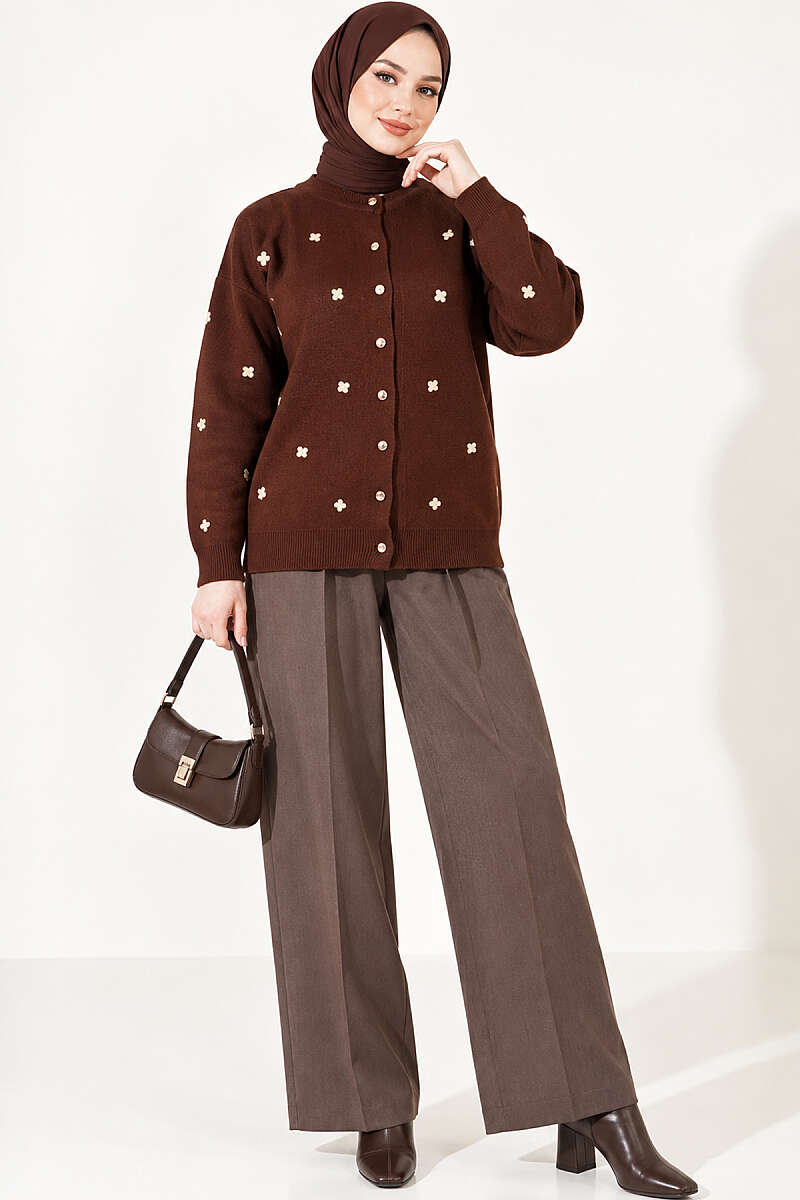 Embroidered Floral Pattern Knit Cardigan Brown – Bild 3