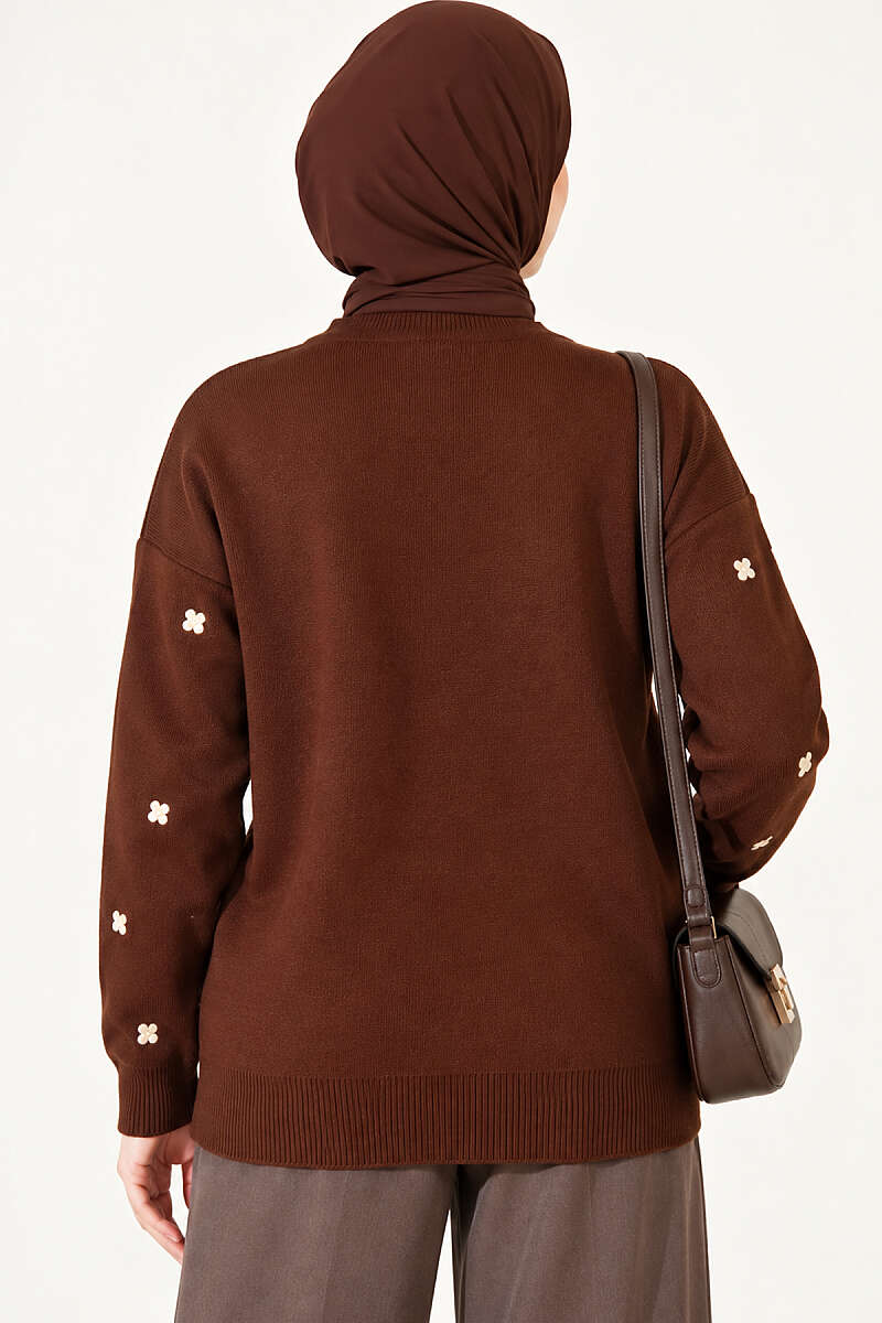 Embroidered Floral Pattern Knit Cardigan Brown – Bild 4