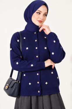 Alternative view of Embroidered Floral Pattern Knit Cardigan Navy Blue