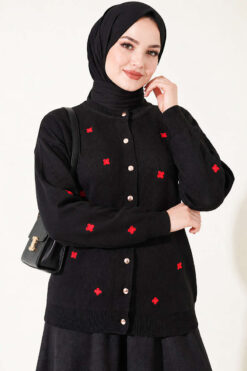 Alternative view of Embroidered Floral Pattern Knit Cardigan Black