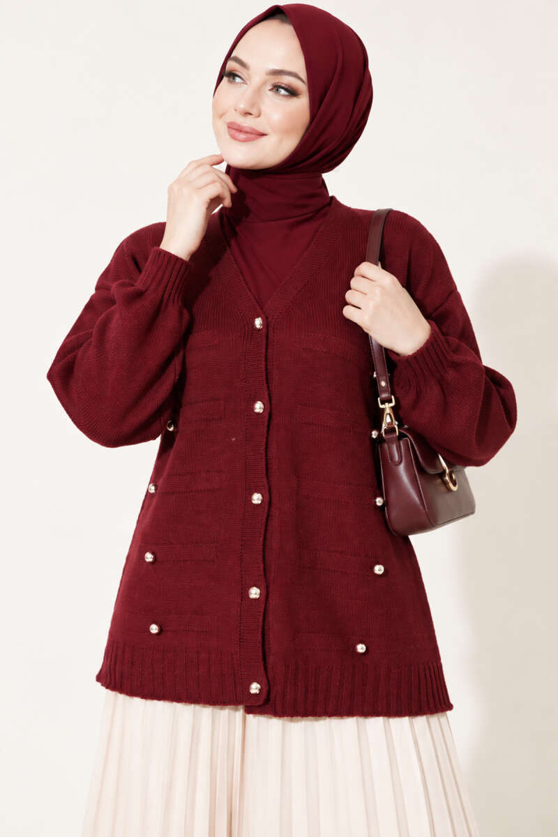 Button-Accented French Terry Knit Cardigan Burgundy - Imagen 3