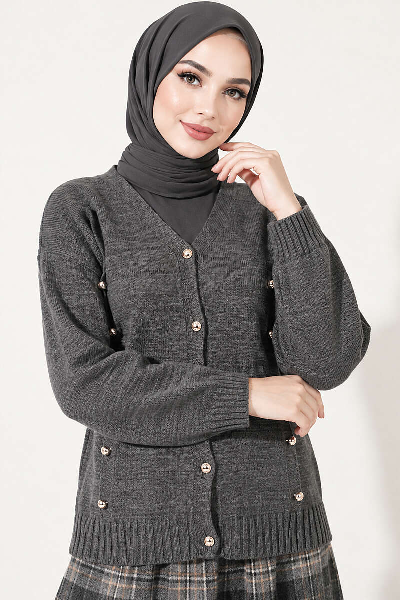 Button-Accented French Terry Knit Cardigan Smoke - Image 2