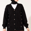 Button-Accented French Terry Knit Cardigan Black