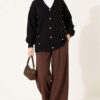 ⁦Button-Accented French Terry Knit Cardigan Black⁩ - الصورة ⁦2⁩