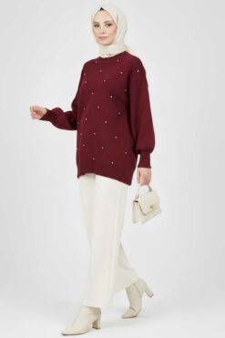 Alternative view of Embroidered Knit Tunic with Beaded Detailing Burgundy
