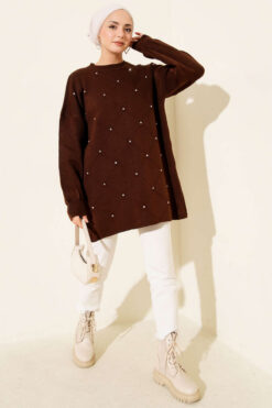 Alternative view of Embroidered Knit Tunic with Beaded Detailing Brown