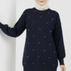 Embroidered Knit Tunic with Beaded Detailing Navy Blue