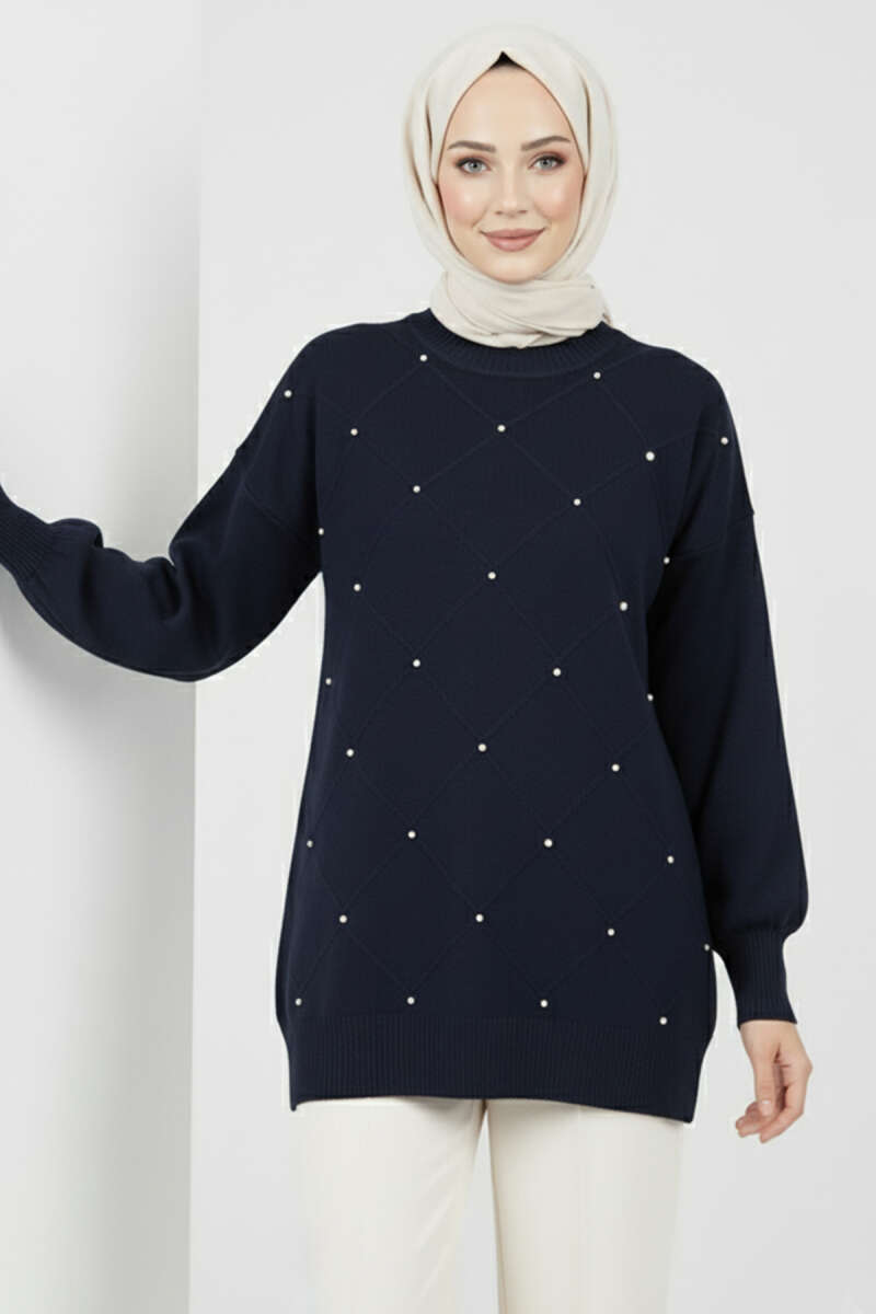 Embroidered Knit Tunic with Beaded Detailing Navy Blue
