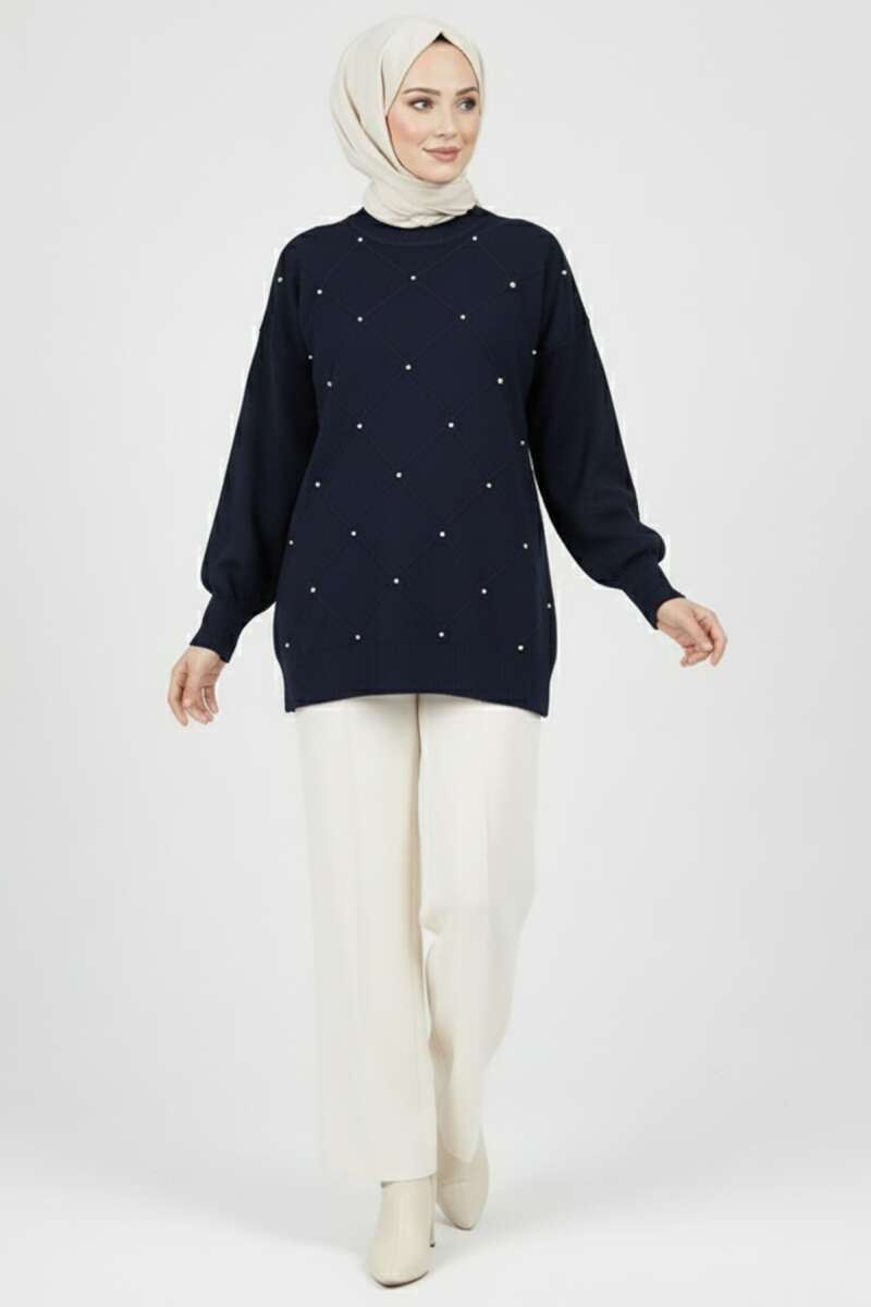 Embroidered Knit Tunic with Beaded Detailing Navy Blue – Bild 2