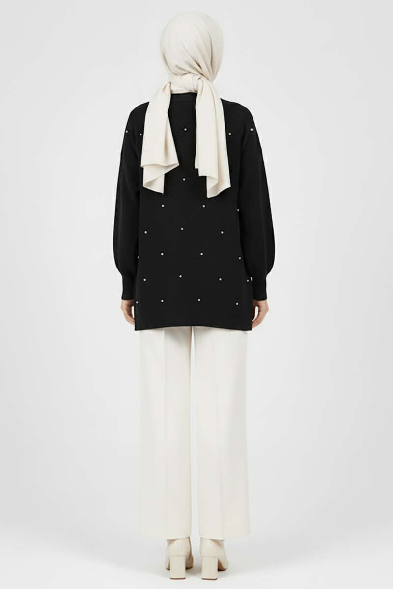 Embroidered Knit Tunic with Beaded Detailing Black – Image 3