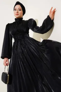 Knotted Ribbon-Accented French Terry Evening Gown Black