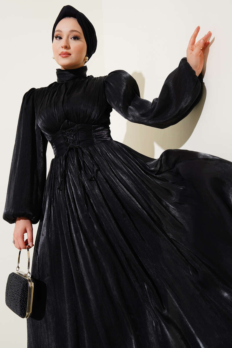 Knotted Ribbon-Accented French Terry Evening Gown Black