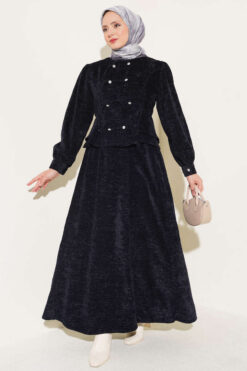 Stone Brit Button-Detail Hem Edge Two-Piece Set Navy Blue