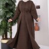 Stone-Embossed Drawstring Dress and Cardigan Knit Two-Piece Set Brown