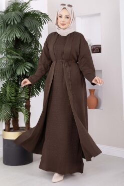 Stone-Embossed Drawstring Dress and Cardigan Knit Two-Piece Set Brown