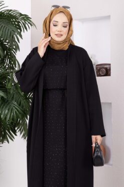 Alternative view of Stone-Embossed Drawstring Dress and Cardigan Knit Two-Piece Set Black