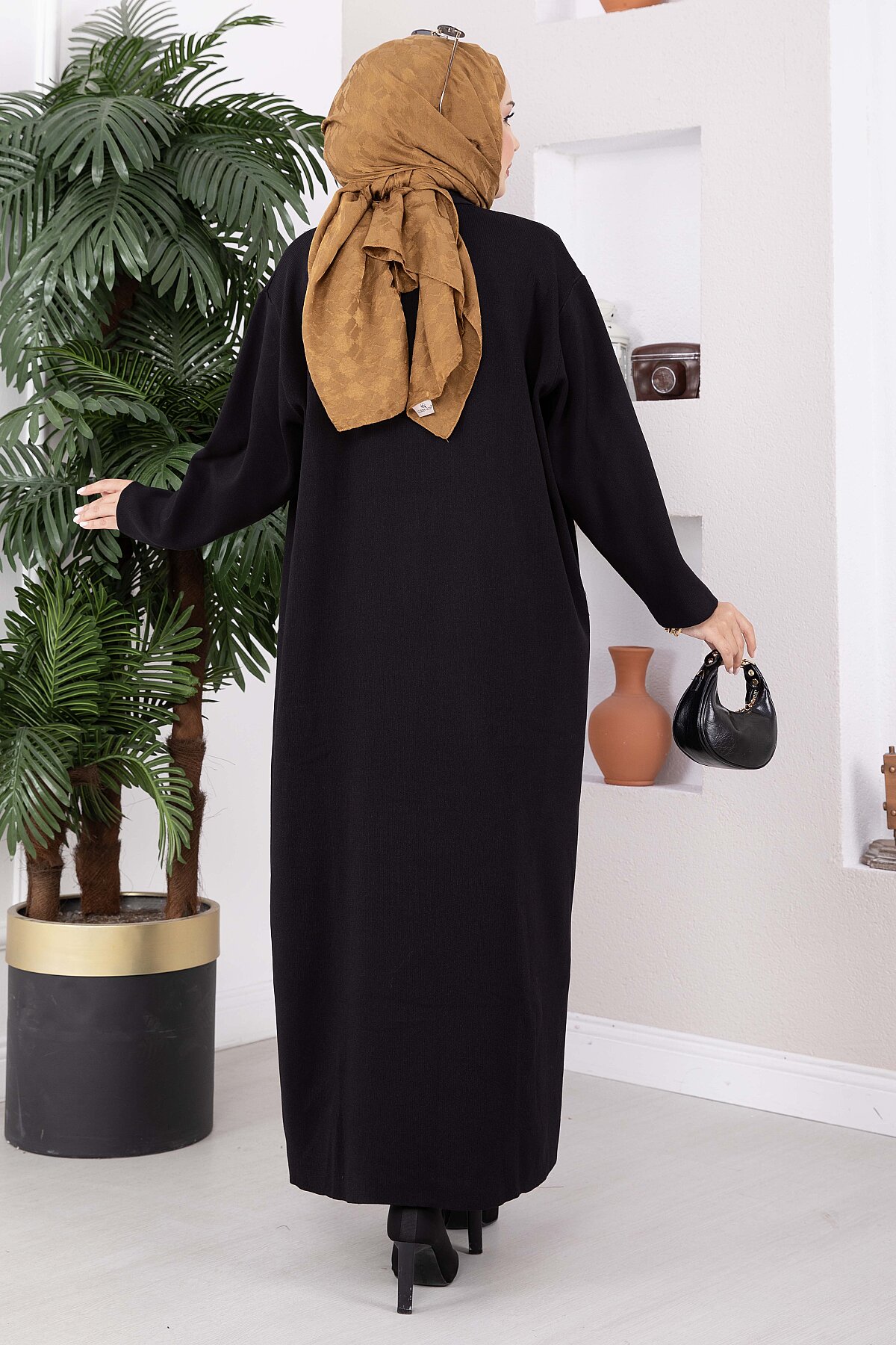 Stone-Embossed Drawstring Dress and Cardigan Knit Two-Piece Set Black – Image 5