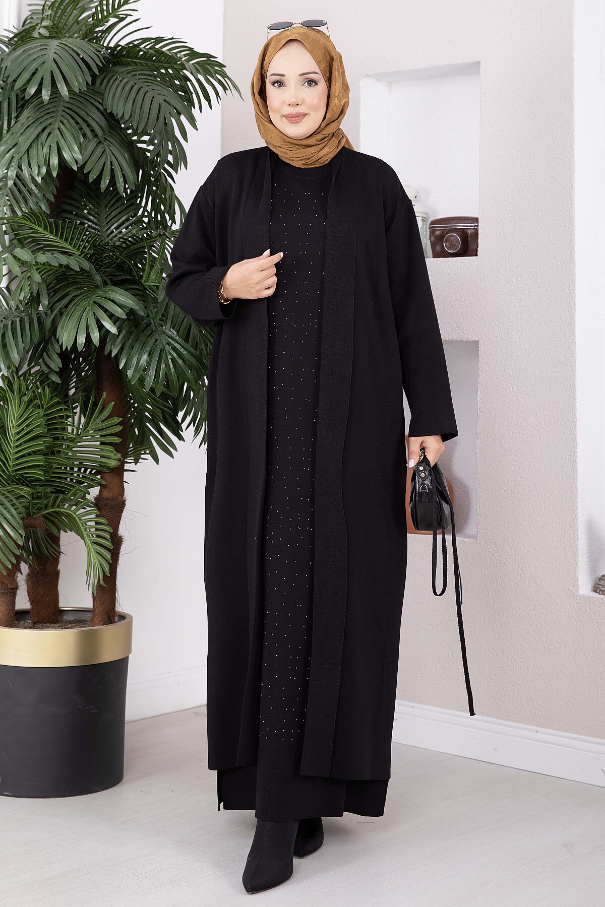 Stone-Embossed Drawstring Dress and Cardigan Knit Two-Piece Set Black – Image 4