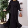 Stone-Embossed Drawstring Dress and Cardigan Knit Two-Piece Set Black – Image 3