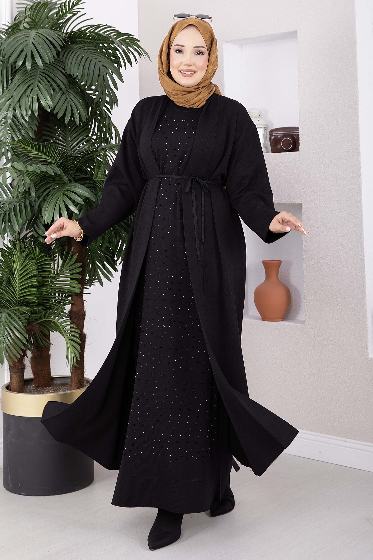Stone-Embossed Drawstring Dress and Cardigan Knit Two-Piece Set Black – Image 3