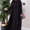 Stone-Embossed Drawstring Dress and Cardigan Knit Two-Piece Set Black
