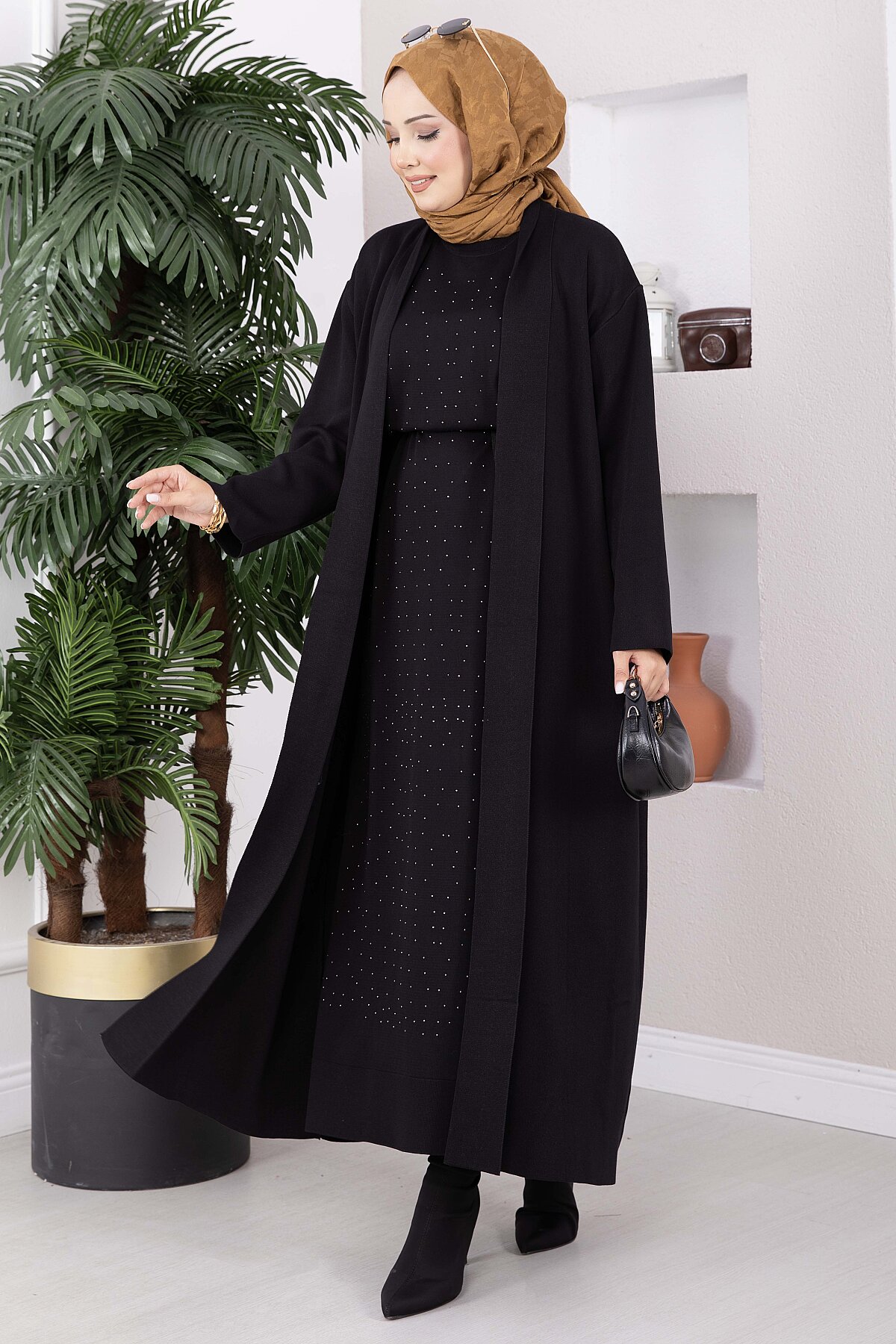 Stone-Embossed Drawstring Dress and Cardigan Knit Two-Piece Set Black