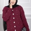 Stone-Embellished Buttoned Short Angora Cardigan Burgundy - Afbeelding 2