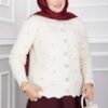 Stone-Embellished Buttoned Short Angora Cardigan Ecru - immagine 2