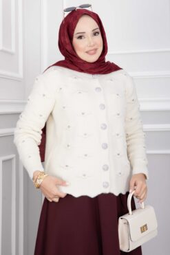 Alternative view of Stone-Embellished Buttoned Short Angora Cardigan Ecru