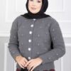 Stone-Embellished Buttoned Short Angora Cardigan Black – Bild 4