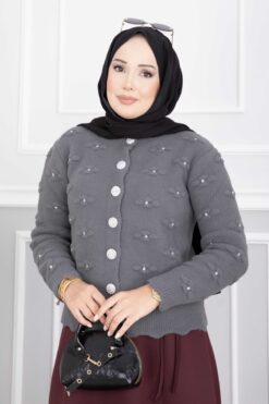 Alternative view of Stone-Embellished Buttoned Short Angora Cardigan Smoke