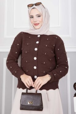 Alternative view of Stone-Embellished Buttoned Short Angora Cardigan Brown