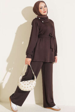Stone Button Detailing Two-Piece Set Dark Brown