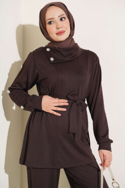Alternative view of Stone Button Detailing Two-Piece Set Dark Brown