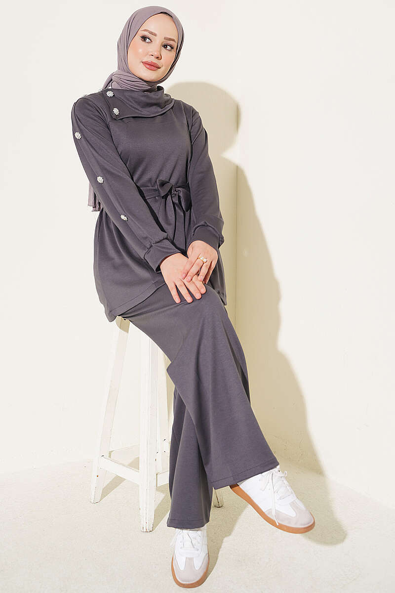 Stone Button Detailing Two-Piece Set Smoke
