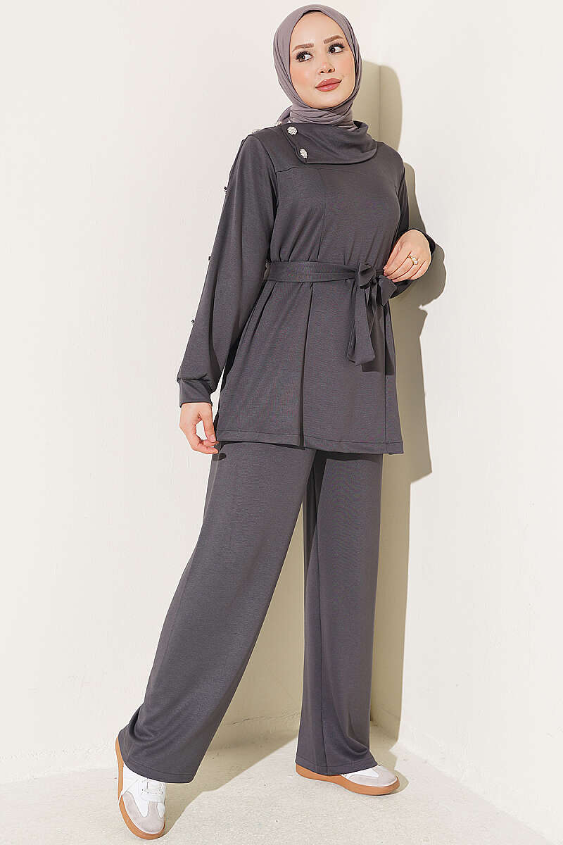 Stone Button Detailing Two-Piece Set Smoke - Image 2