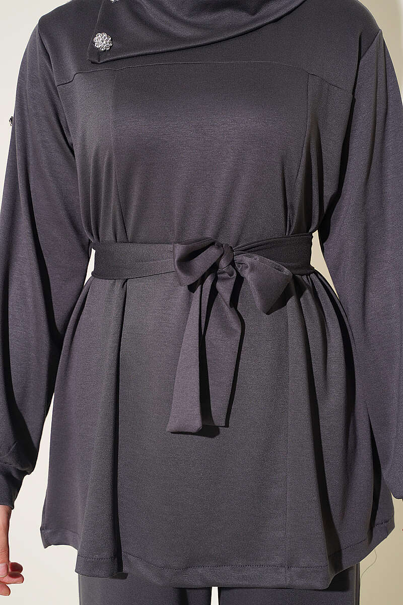 Stone Button Detailing Two-Piece Set Smoke - Image 4