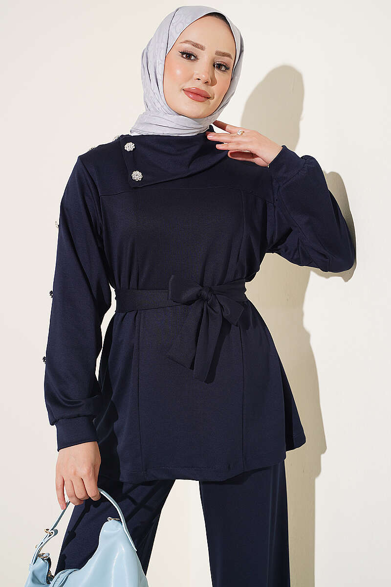 Stone Button Detailing Two-Piece Set Navy Blue – Bild 2