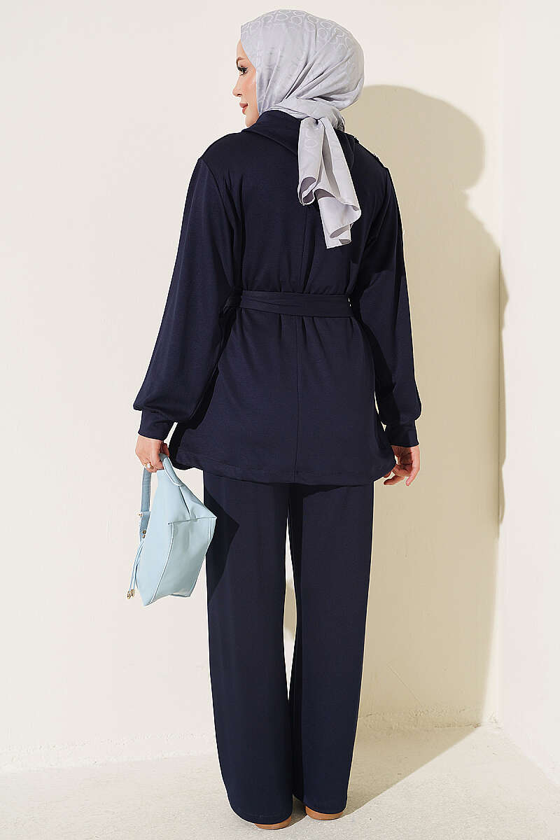Stone Button Detailing Two-Piece Set Navy Blue – Bild 3