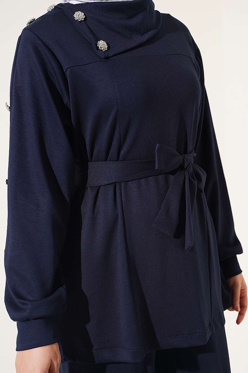 Stone Button Detailing Two-Piece Set Navy Blue – Bild 4