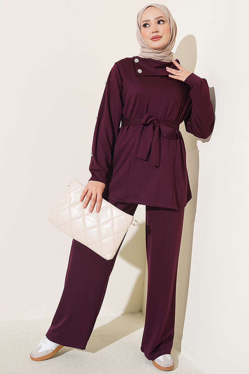 Stone Button Detailing Two-Piece Set Plum