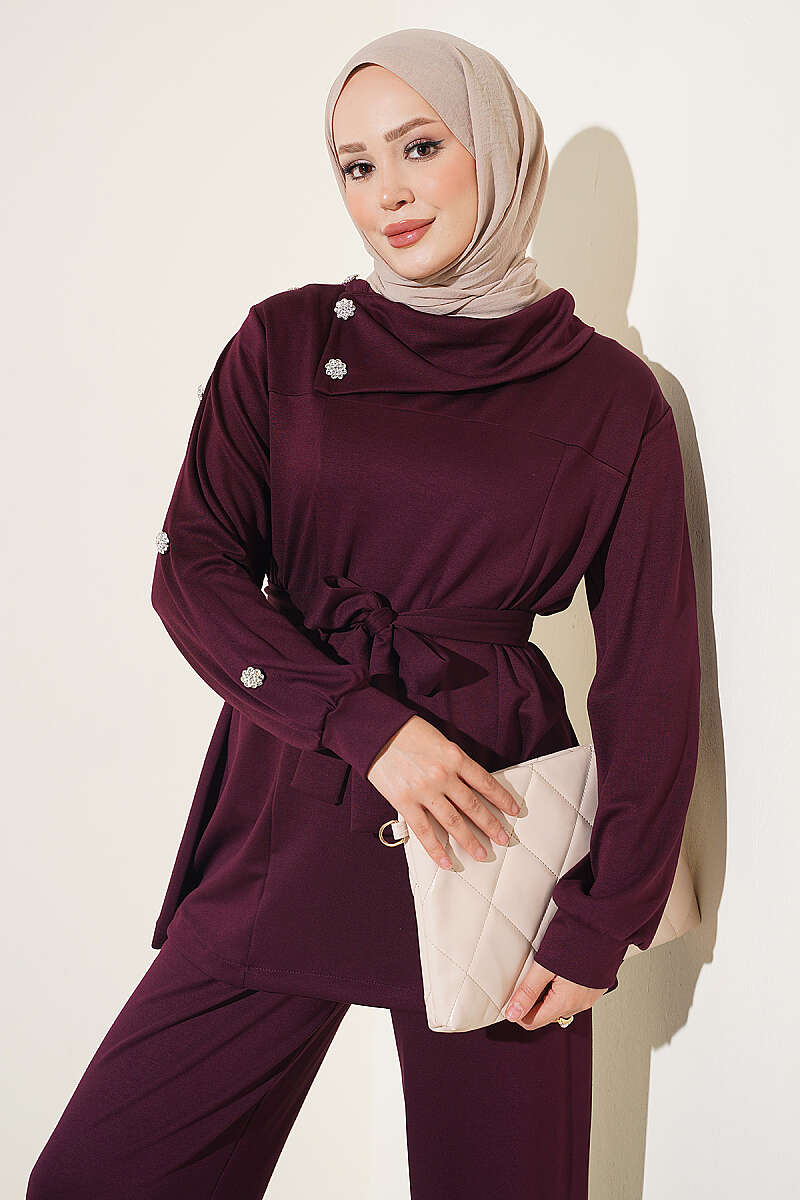 Stone Button Detailing Two-Piece Set Plum - Image 2