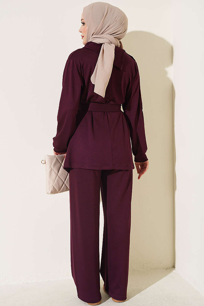 Stone Button Detailing Two-Piece Set Plum - Image 3