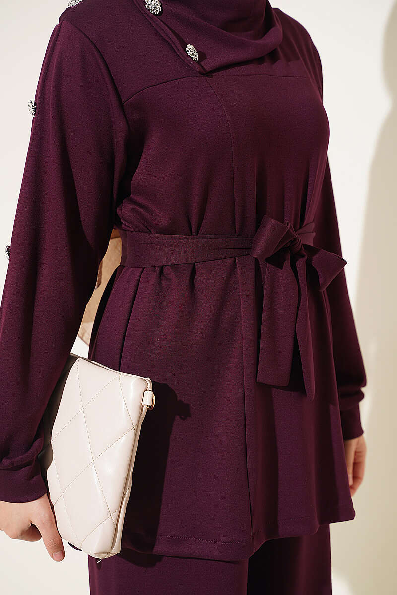 Stone Button Detailing Two-Piece Set Plum - Image 4
