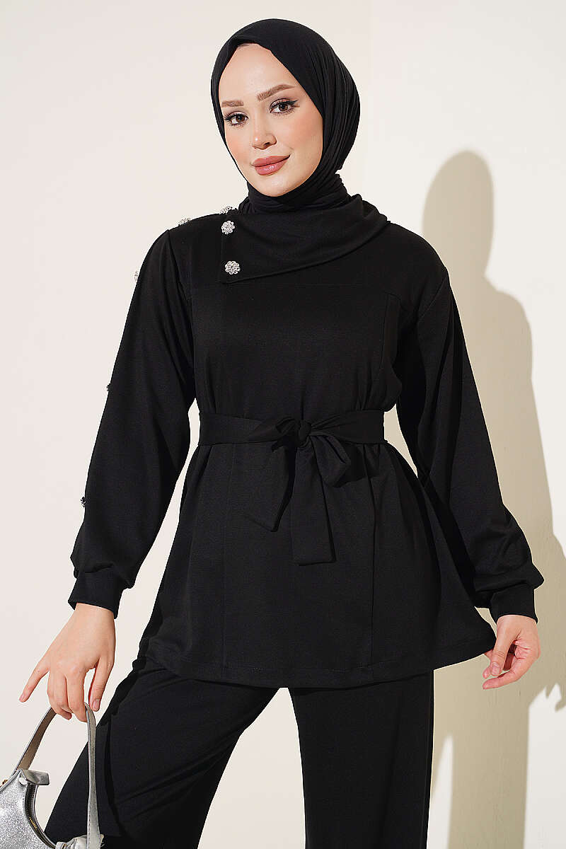 Stone Button Detailing Two-Piece Set Black - Image 2