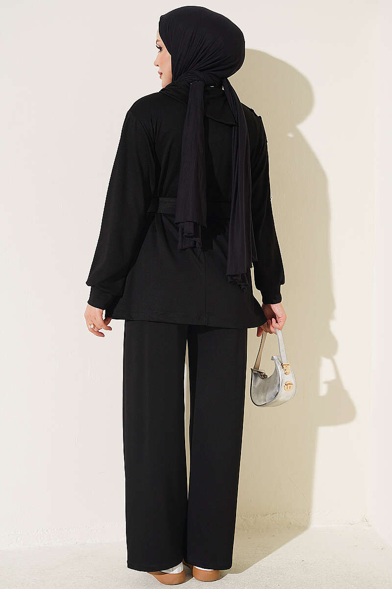 Stone Button Detailing Two-Piece Set Black - Image 3